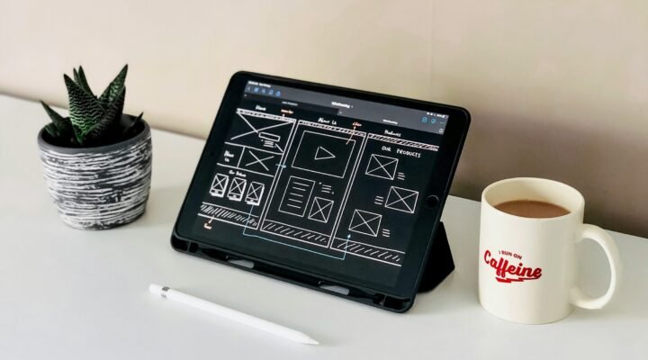 black ipad beside white ceramic mug on white table